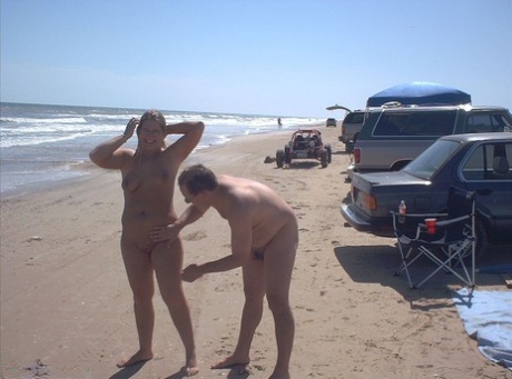 Glasses wearing amateur BBW gets gangbanged on a nude beach