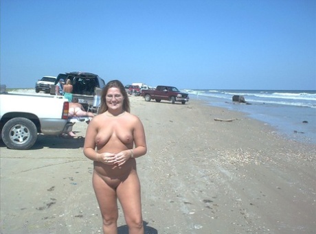 Glasses wearing amateur BBW gets gangbanged on a nude beach