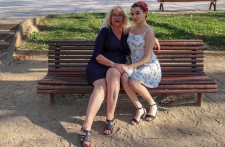 Old and young Spanish women have lesbian sex on a leather couch