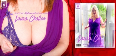 Mature blonde Laura Chalice doffs a long dress before fondling her tits & twat