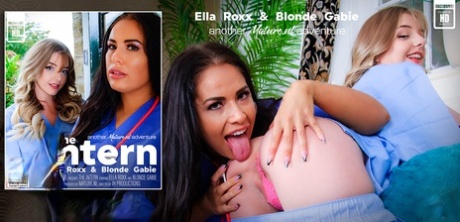 Older and younger nurses Ella Roxx & Blonde Gabie partake in lesbian sex
