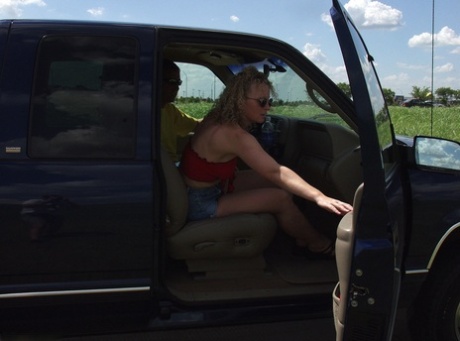 Older lady Ginger Klixen has sex in a field after being picked up hitchhiking