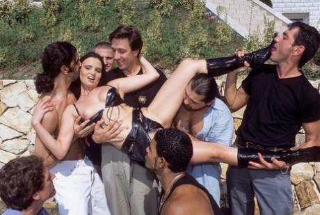 Brunette with small boobs sucking multiple cocks & getting DP in hot groupsex