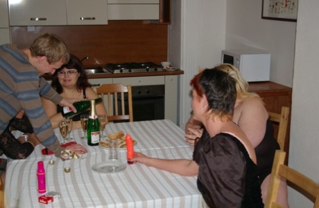 Mature fatties Elja, Petra, Uma & Veri have wild group sex with a young stud