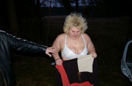 Mature BBW Corinne having a steamy outdoor threesome with studs at night