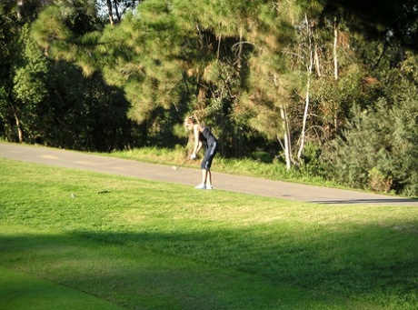 Dirty golf player Kelly Madison blows stiff prick after a golf match