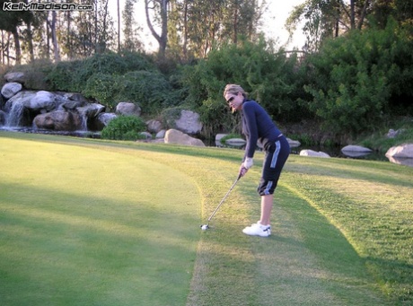 Dirty golf player Kelly Madison blows stiff prick after a golf match
