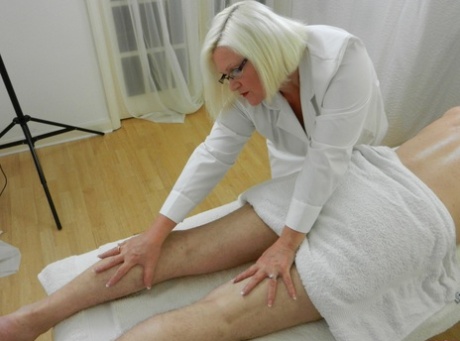 Chubby blonde granny Lacey Starr gets dicked after giving a hot massage