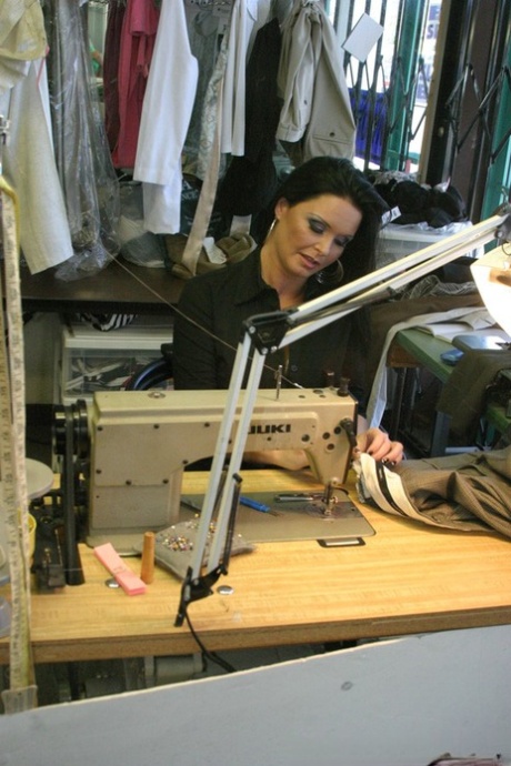 Black haired MILF seamstress Maya Devine sucks customer cock & gets facial