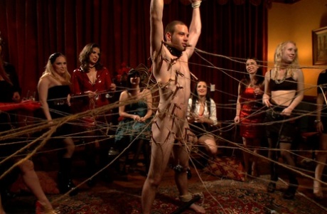 Four dominant MILFs school two submissive dudes at a BDSM training party