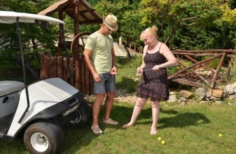 Sexy granny Nanney getting fucked by her horny stud on a golf cart