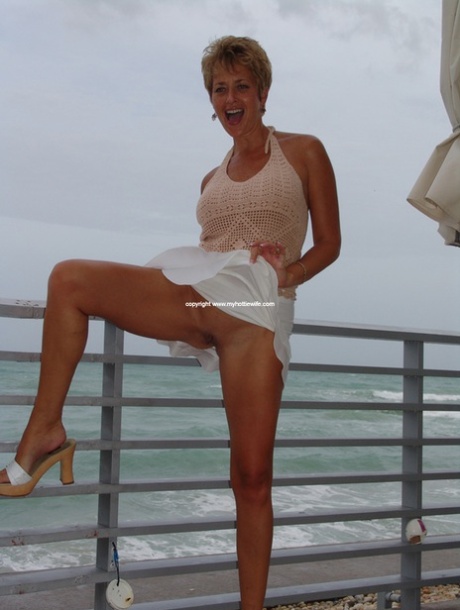 Mature Tracy Lick flashes her pussy in a public upskirt & masturbates at home