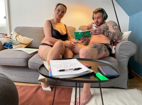 Mature mom in glasses Dirty Priscilla strips to read naked with her stepson