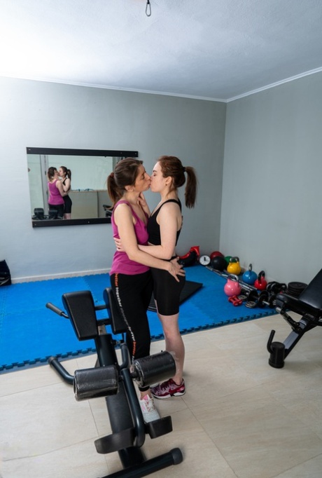 Old & young lesbians Maya & Roxane strip & have oral sex at the gym