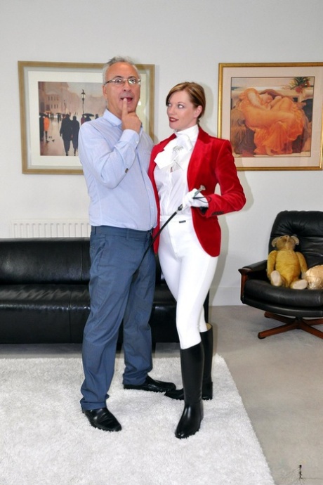 Hot equestrian Holly Kiss shows her big tits & rides an old dick in torn pants