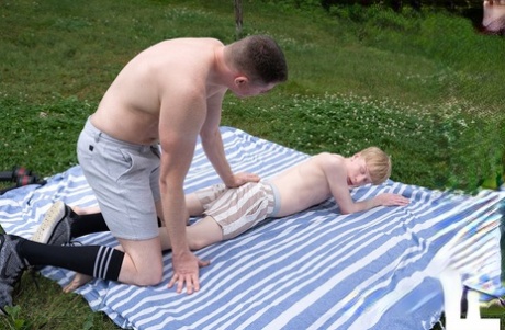 Bodybuilder Dr Wolf gets his dick sucked by Caleb before fucking him outdoors