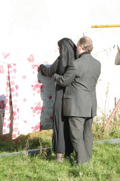 Horny nun in stockings Janine kneels to give a blowjob before outdoor sex